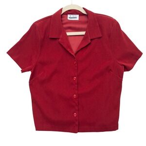 En Focus Petite Women's Blouse Size PM Red Button Front‎ Short Sleeve Top